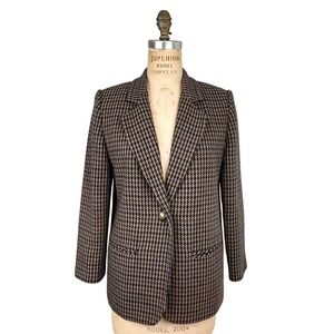 Vintage Sag Harbor Houndstooth Blazer Womens 6P Brown Academia Wool Old Money